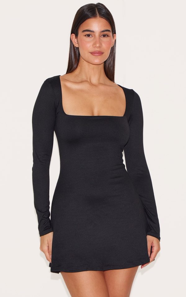 Black Double Contour Square Neck Long Sleeve Bodycon Dress