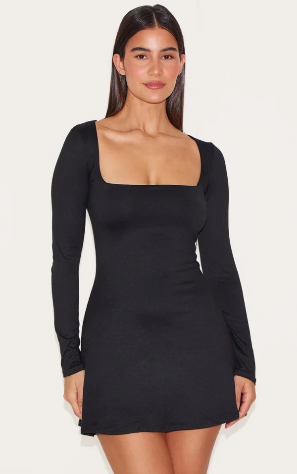 Black Double Contour Square Neck Long Sleeve Bodycon Dress