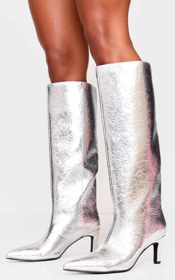 Silver Crinkle PU Point Toe Low Stiletto Knee High Heel Boots