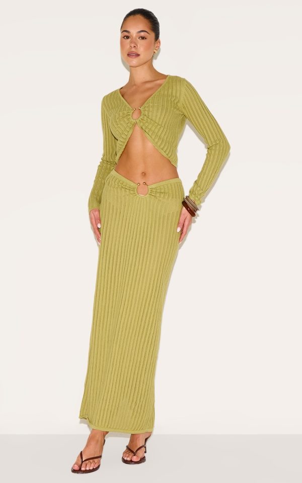 Olive Pointelle Knit Trim Split Maxi Skirt