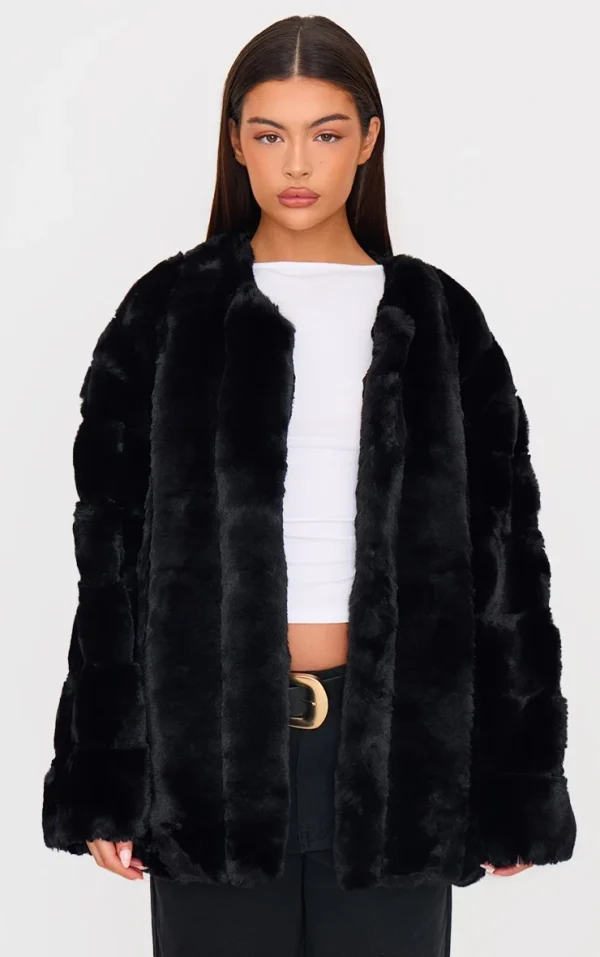 Black Faux Fur Bubble Vertical Coat