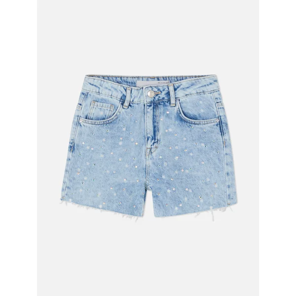 Distressed Rhinestone Denim Shorts - Light Blue