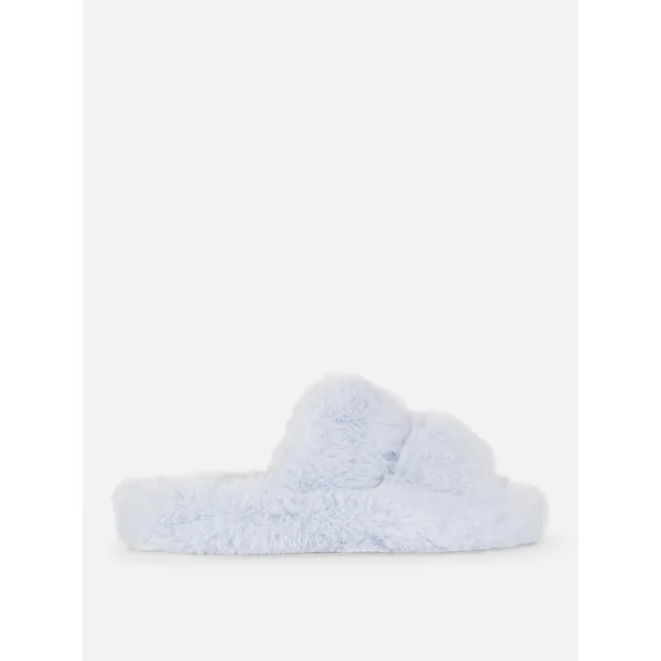 Double Strap Fluffy Slippers - Blue