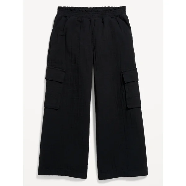 Double-Weave Wide-Leg Cargo Pants for Girls - Black Jack