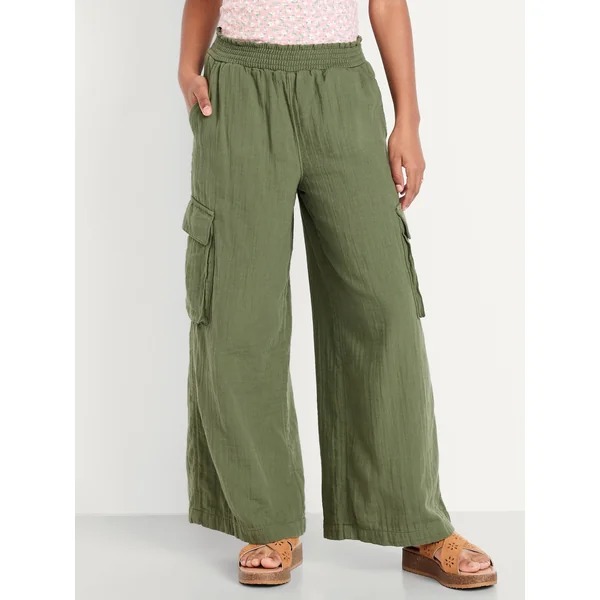 Double-Weave Wide-Leg Cargo Pants for Girls - Olive Through This