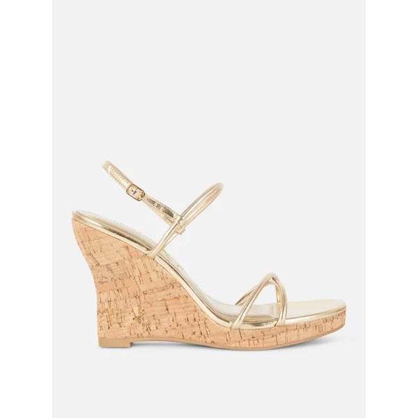 Dressy Cork Wedge Sandals - Gold