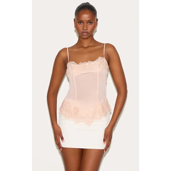 Dusky Pink Sheer Chiffon Strappy Lace Trim Cami Top