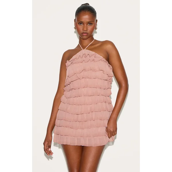 Dusty Peach Extreme Ruffle Halterneck Shift Dress