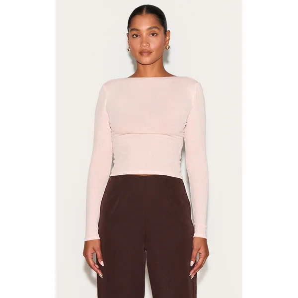 Dusty Peach Sheer Mesh Scoop Back Long Sleeve Crop Top