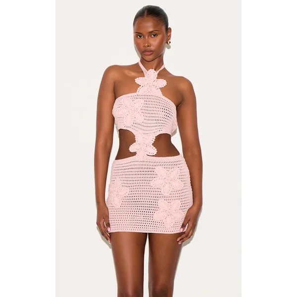 Dusty Pink Crochet Applique Flower Cut Out Mini Dress