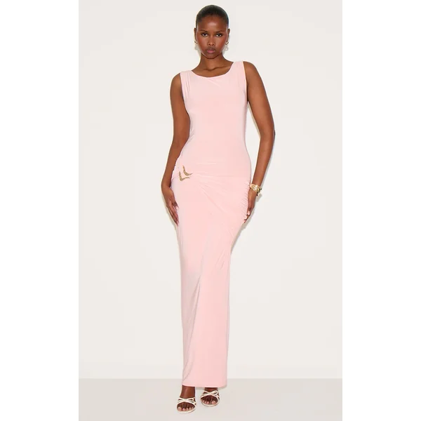 Dusty Pink Double Layer Ruched Trim Detail Midaxi Dress