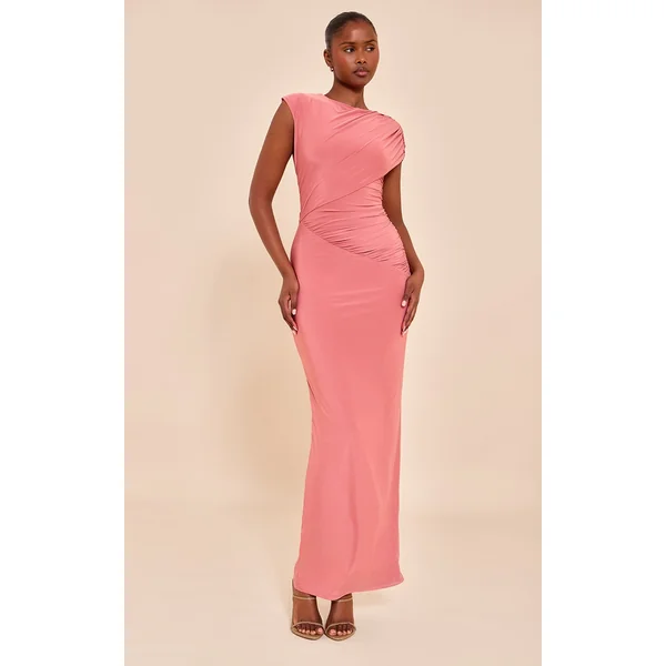 Dusty Pink Double Layer Slinky Off Shoulder Drape Maxi Dress