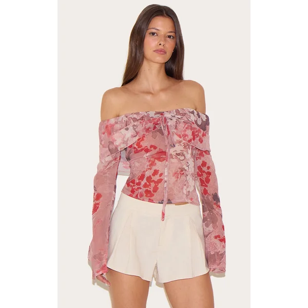 Dusty Pink Printed Bardot Chiffon Blouse