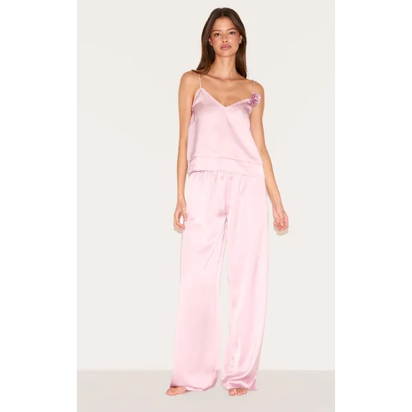 Dusty Pink Satin Flower Trim Cami Long Pj Set