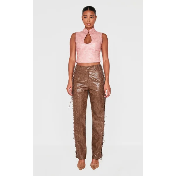 Dusty Pink Textured Faux Leather Keyhole Long Top