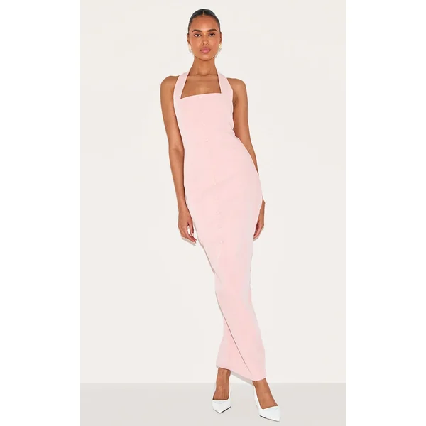 Dusty Pink Woven Halter Button Maxi Dress