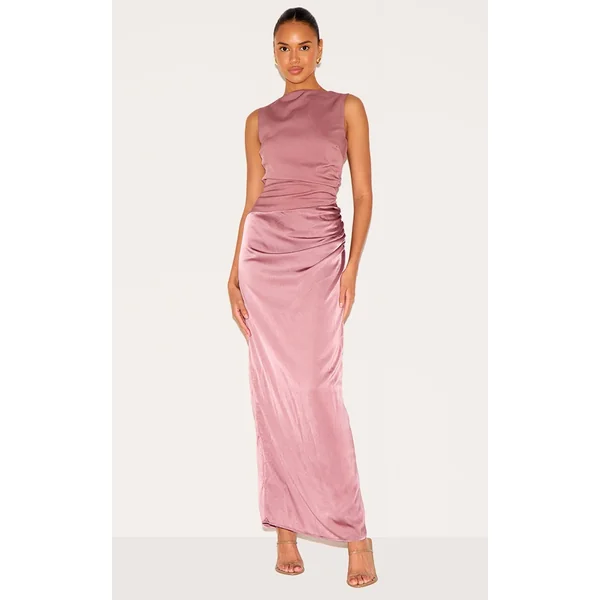 Dusty Pink Woven High Neck Ruched Drape Midaxi Dress
