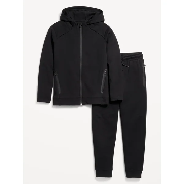 Dynamic Fleece Zip-Front Hoodie and Joggers Set for Boys - Black
