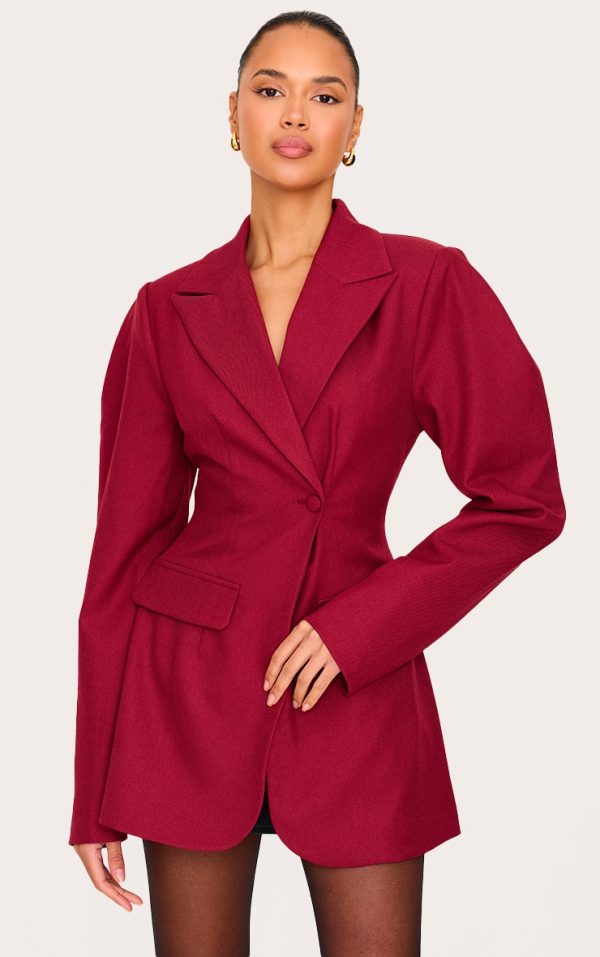 Burgundy Drop Shoulder Cinch Waist Extreme Oversized Blazer