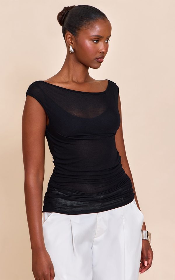 Black Sheer Soft Touch Cowl Neck Long Vest Top