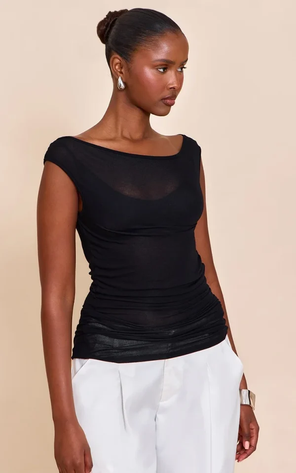Black Sheer Soft Touch Cowl Neck Long Vest Top