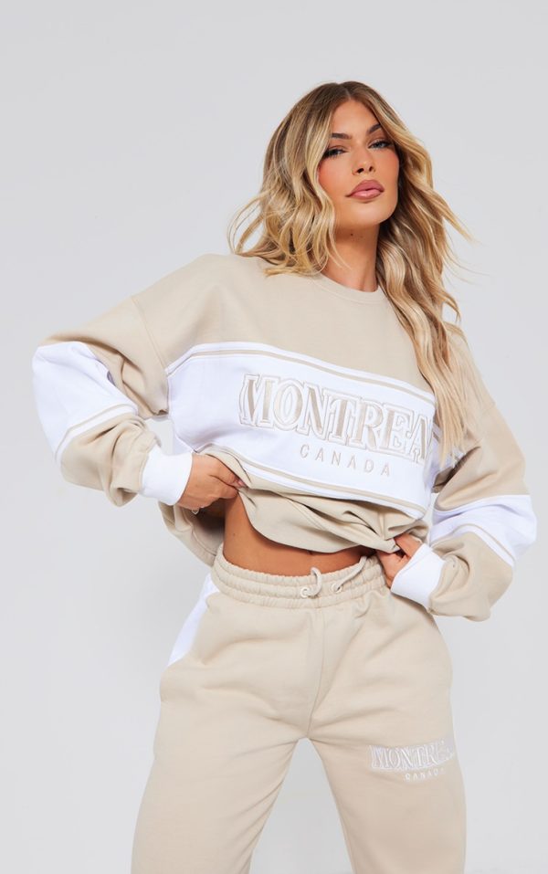 Beige Montreal Embroidered Panelled Oversized Sweatshirt