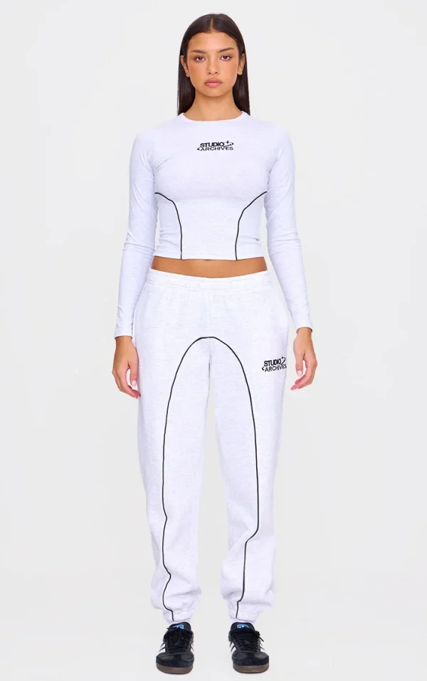 Grey Marl Contrast Studio Archives Seam Detail Cuffed Sweatpants