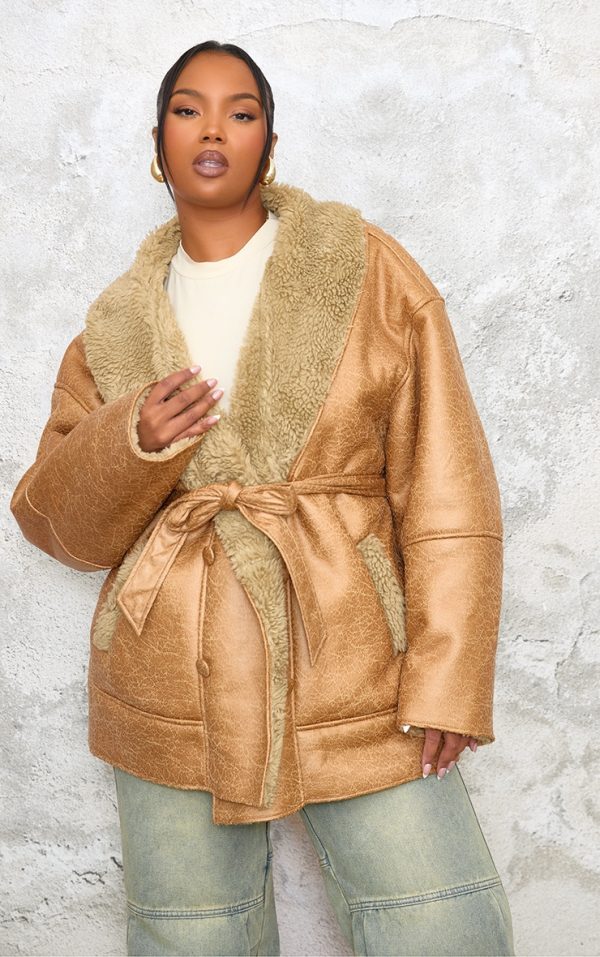 Plus Beige Washed Borg Trim Belted Jacket
