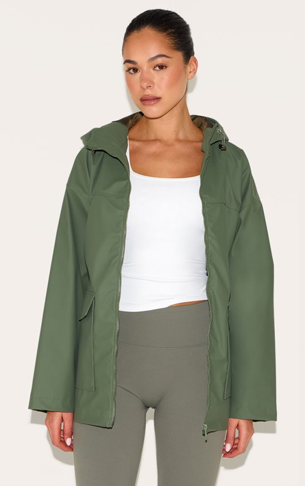 Khaki Rubberised Zip Up Jacket With Hood