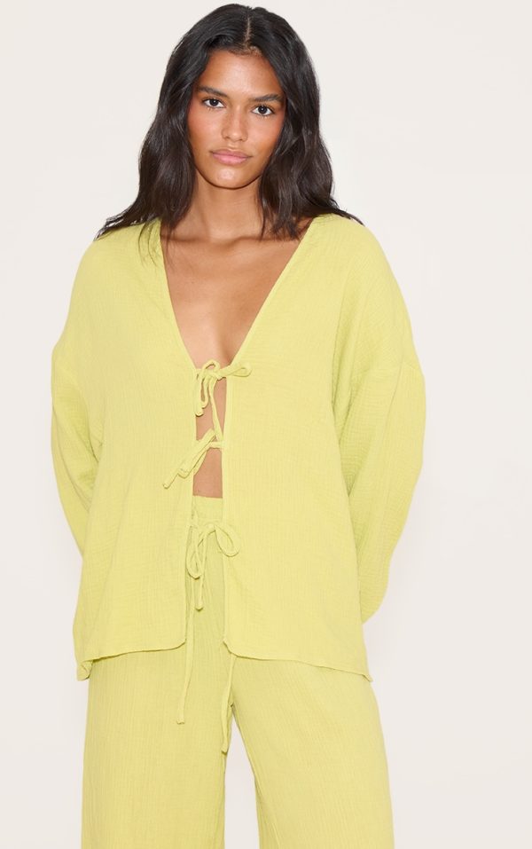 Chartreuse Cheesecloth Textured Tie Front Shirt