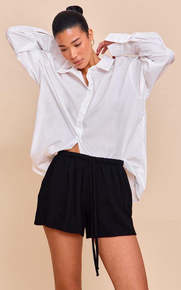 Black Linen Look Floaty Drawstring Shorts