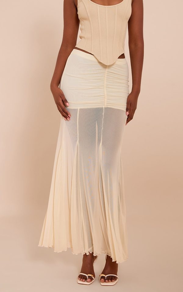 Cream Mesh Overlay Maxi Skirt