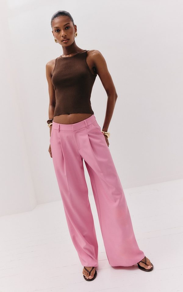 Pink Woven Double Pleat Wide Leg Pant