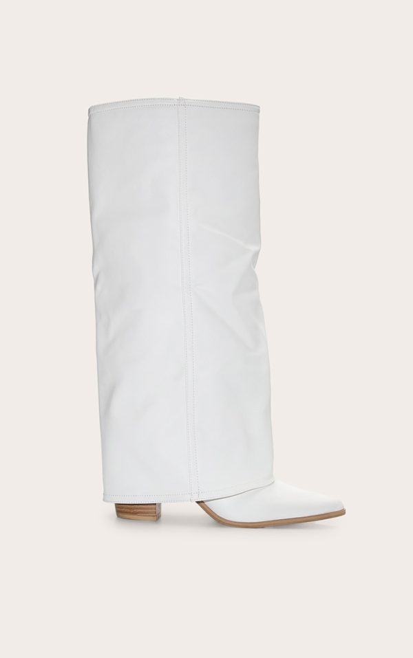 Wide Fit White Pu Fold Over Knee High Block Heel Western Boots
