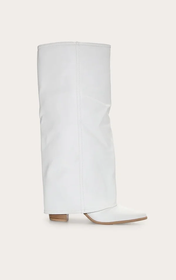 Wide Fit White Pu Fold Over Knee High Block Heel Western Boots