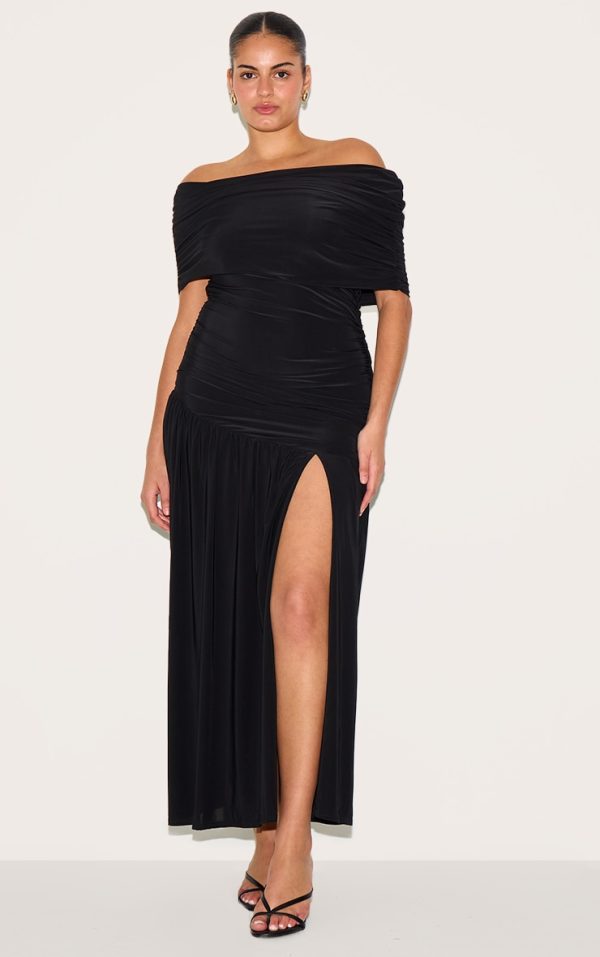 Plus Black Double Layer Slinky Bardot One Shoulder Ruched Maxi Dress