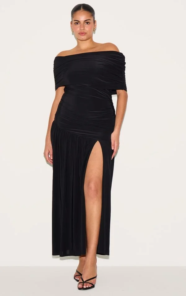 Plus Black Double Layer Slinky Bardot One Shoulder Ruched Maxi Dress