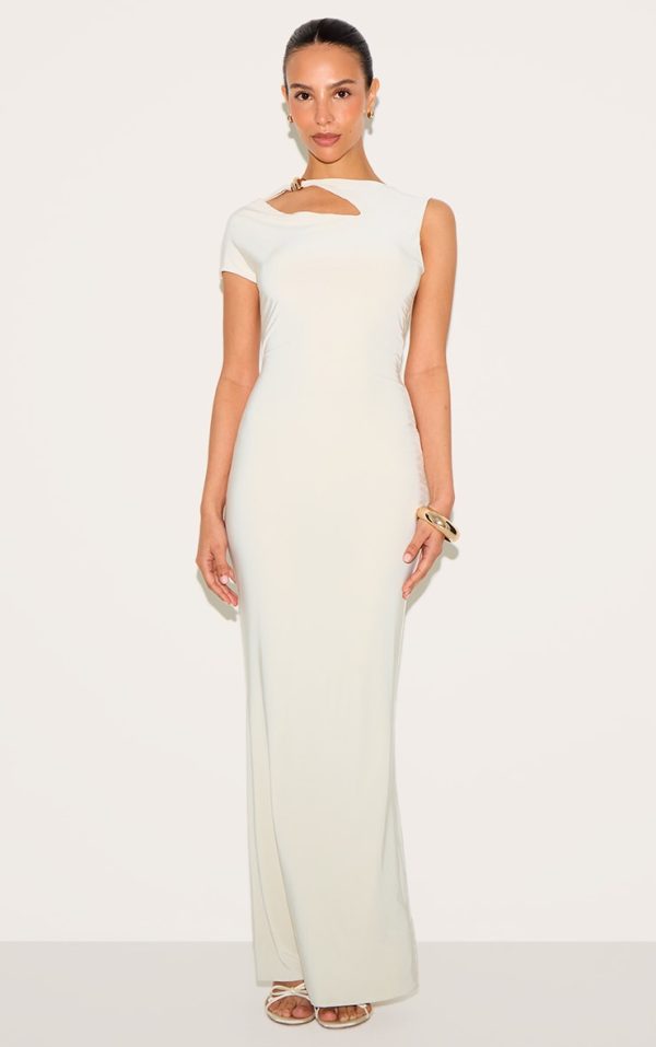Petite Sand Asymmetric Shoulder Gold Detail Maxi Dress