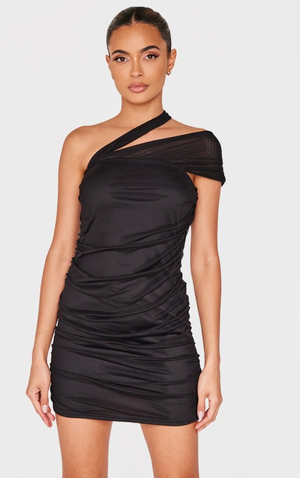 Black Mesh Neck Detail Mini Dress