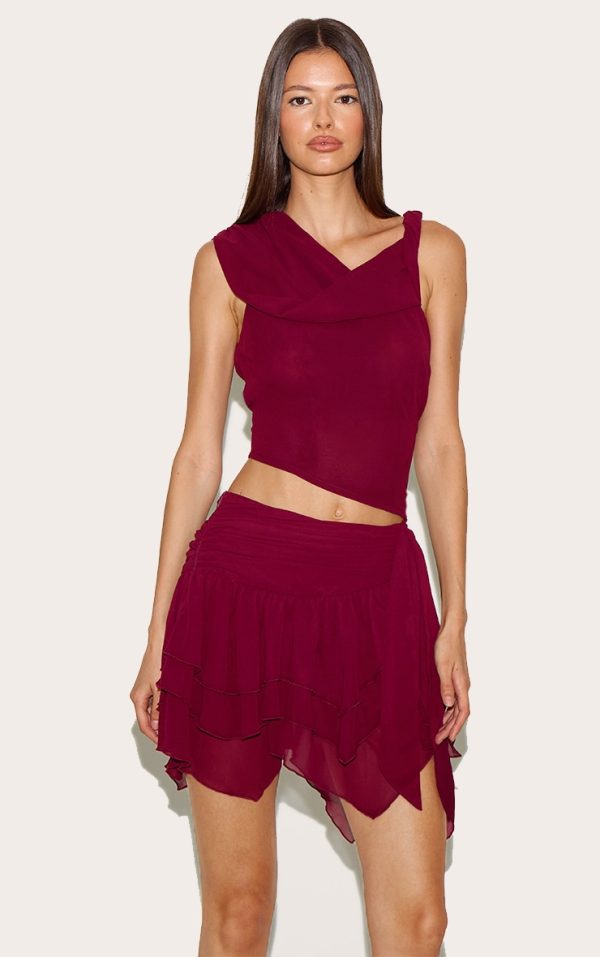 Wine Drape Detail Asymmetric Chiffon Top