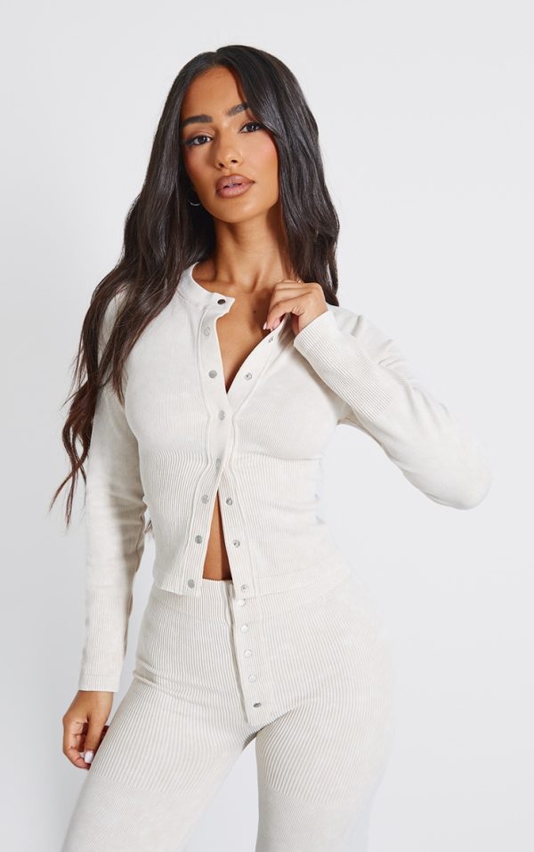 Petite Cream Faded Snatched Rib Long Sleeve Button Up Top