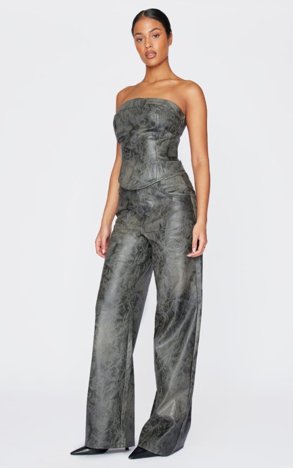 Tall Washed Grey Faux Leather Wide Leg Pants