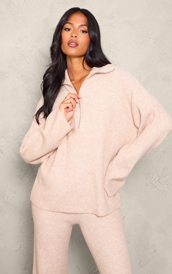 Tall Oatmeal Rib Knit Quarter Zip Long Sleeve Sweater