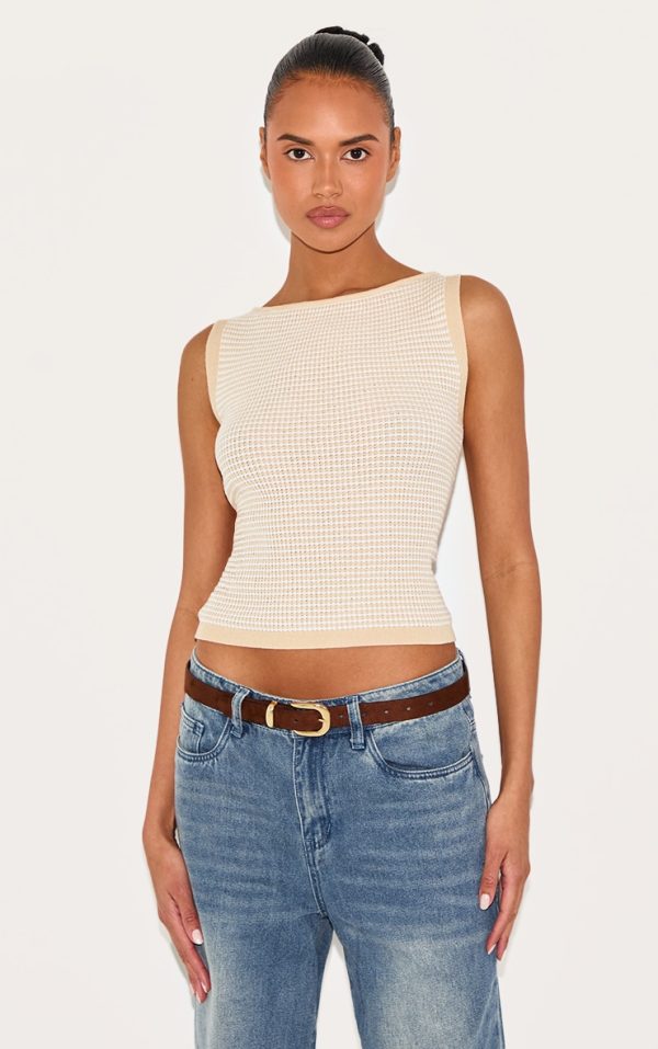 Beige Stripe Waffle Knit Boat Neck Top