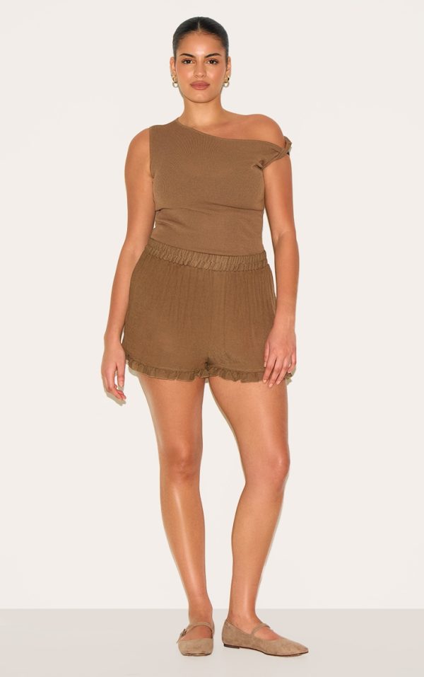 Plus Chocolate Frill Edge Textured Shorts
