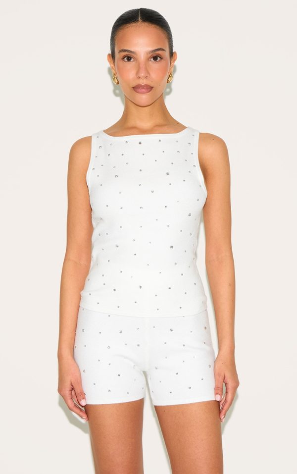 Petite White Knitted Diamante Hotpants