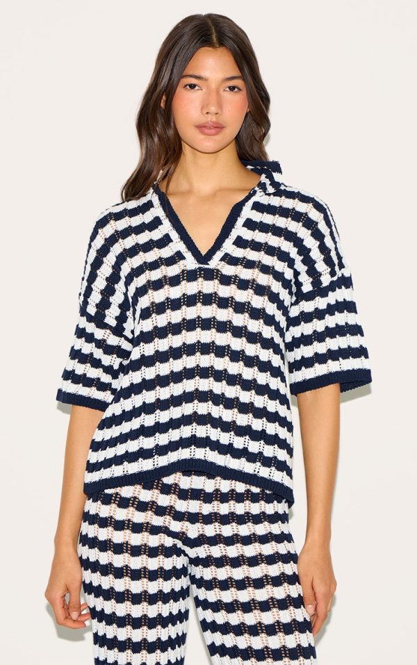 Navy Crochet Stripe Rugby Knit Top