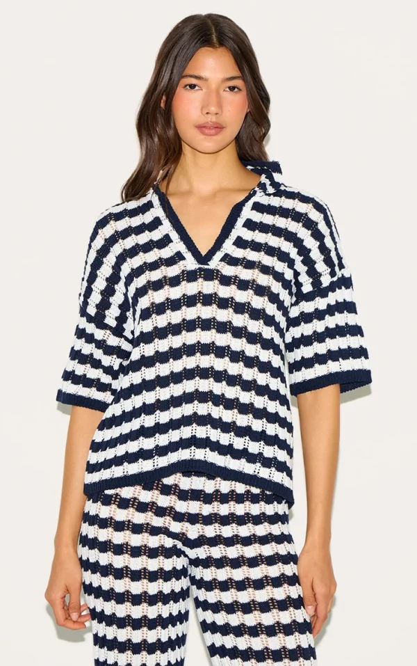 Navy Crochet Stripe Rugby Knit Top