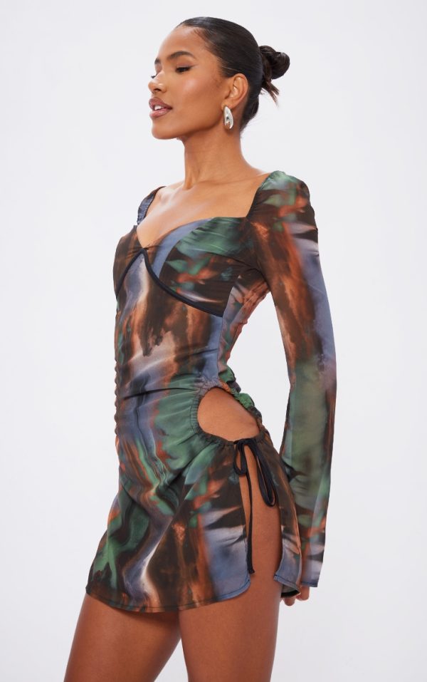 Brown Printed Chiffon Cut Out Shift Dress