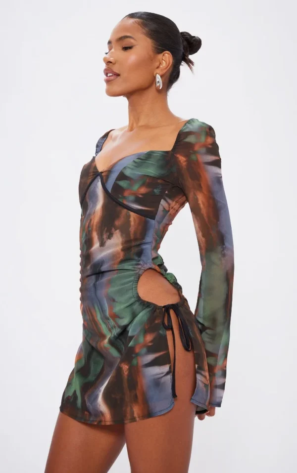 Brown Printed Chiffon Cut Out Shift Dress
